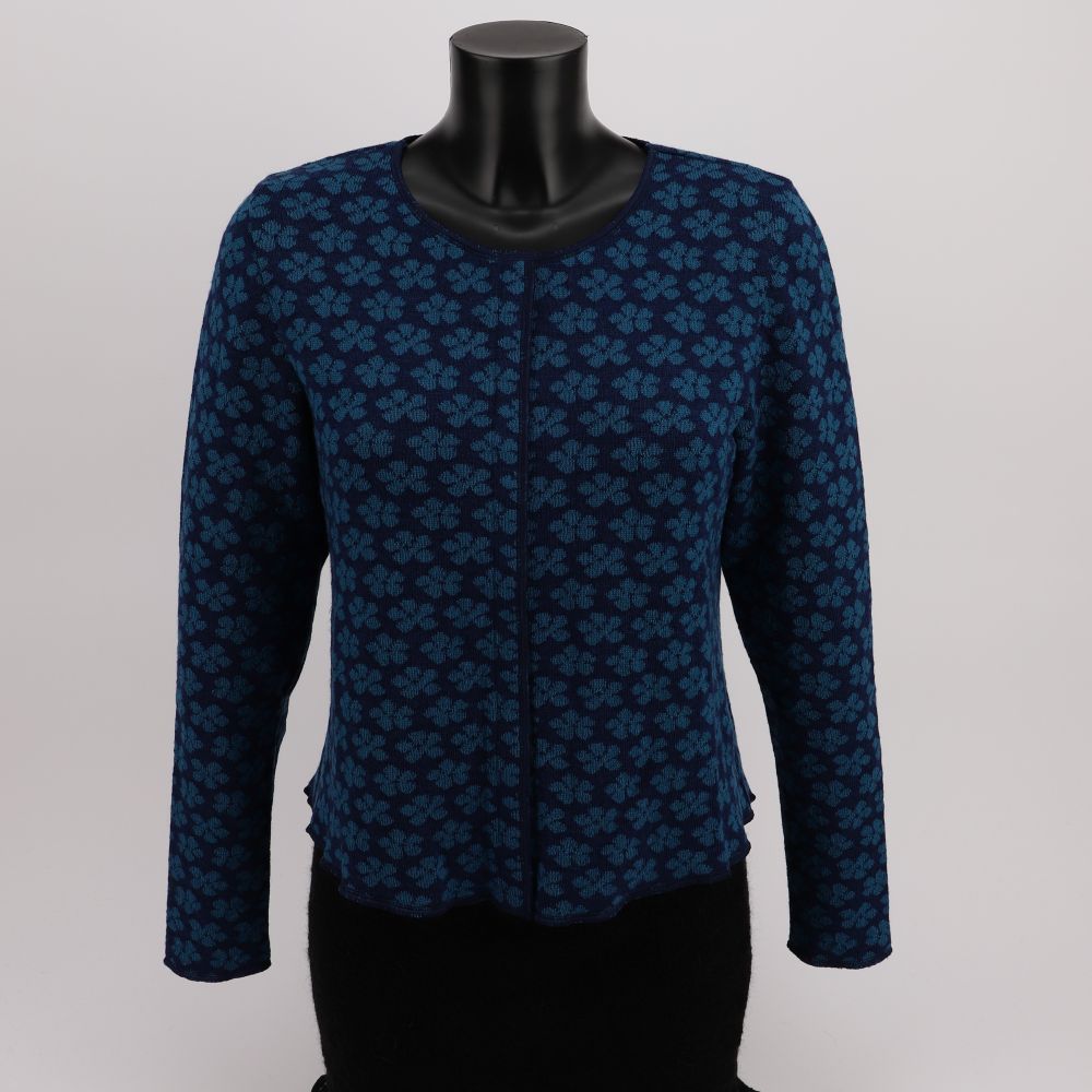 Merino wool cardigan with floral pattern, short model with press studs, color blue aqua