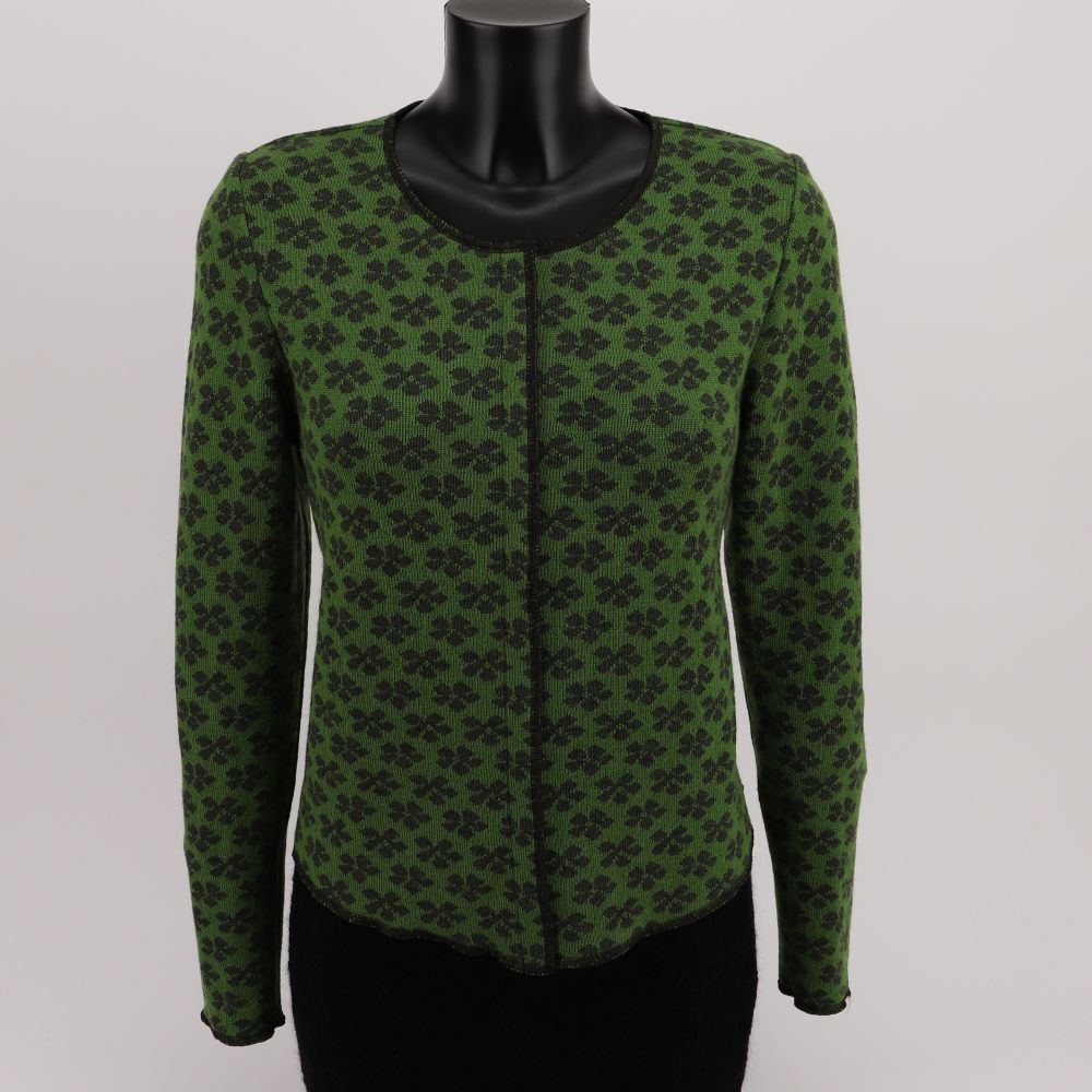 Merino wool cardigan with floral pattern, short model with press studs, color green