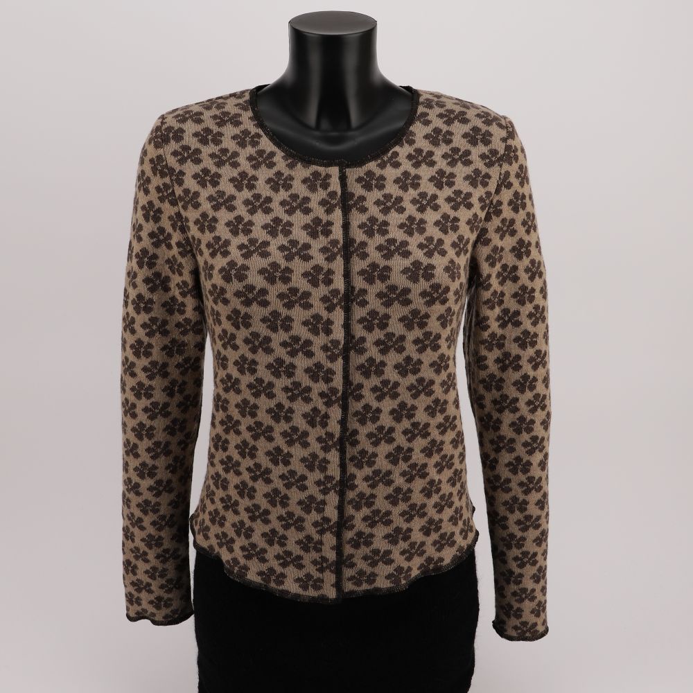 Merino wool cardigan with floral pattern, short model with press studs, color beige brown