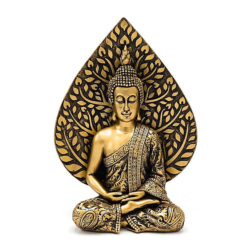 Meditation Buddhastaty med Bodhi-bladet guldfärgad