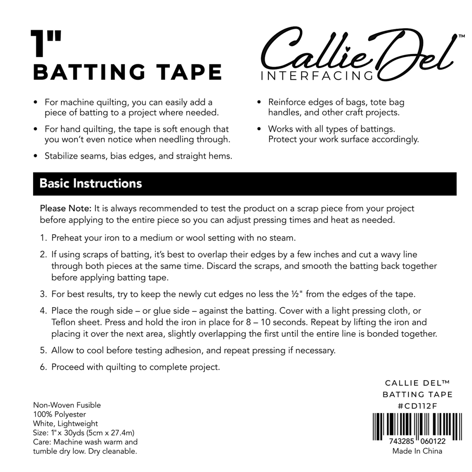 Vaddskarvstejp - Callie Del® Batting Tape 1in x 30yds  - 3