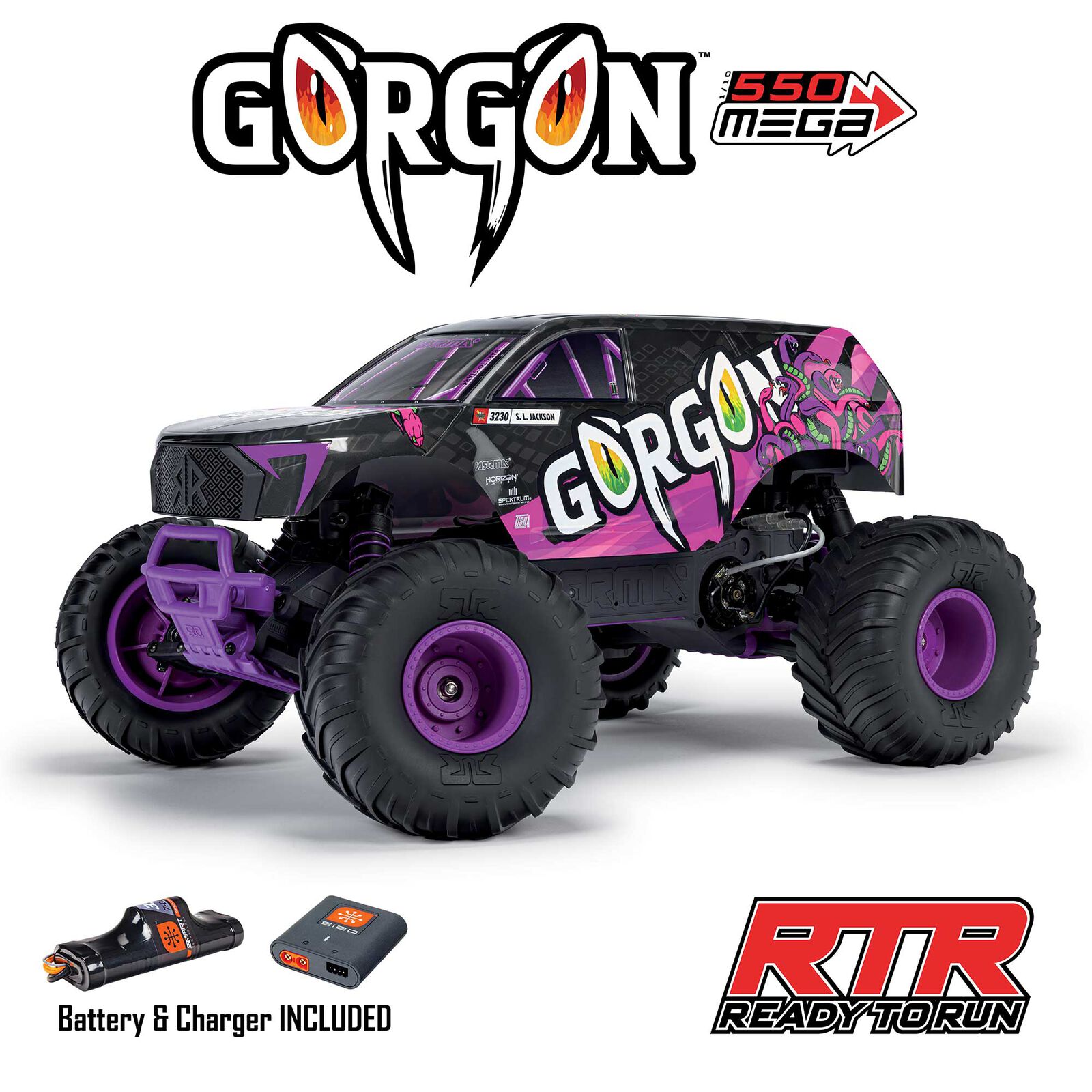 Arrma ARA3230ST4 1/10 GORGON 2WD RTR Brushed Monster Truck (Battery & Charger Included), Purple - 15