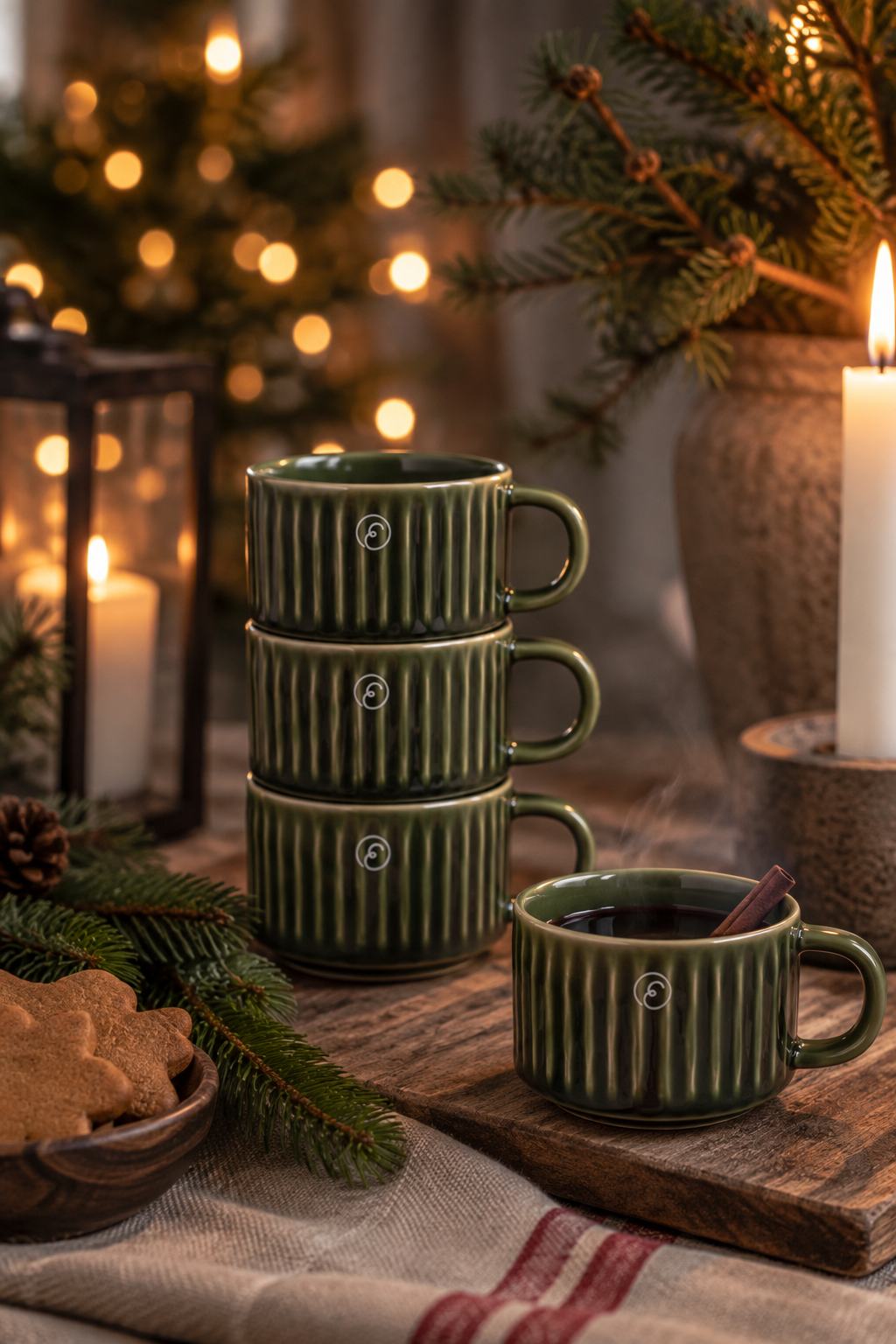 ERNST - Mulled wine mug - d7.5 h5 cm green ribbed - Stoneware