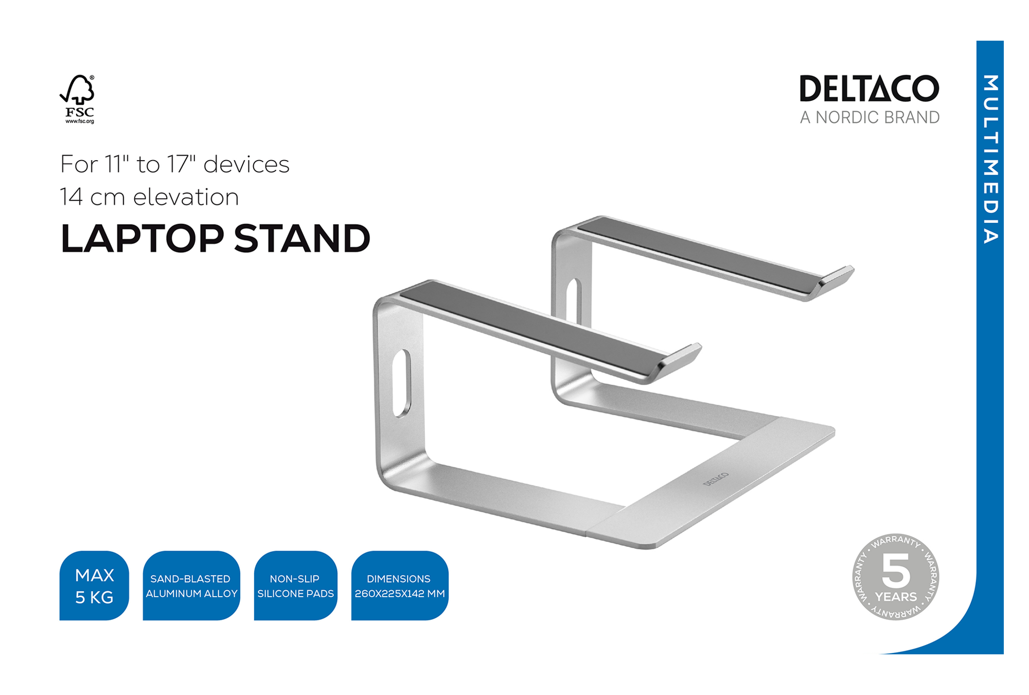 Deltaco Aluminum Laptop Stand, 11-17", raises your laptop 14 cm, silver - 2
