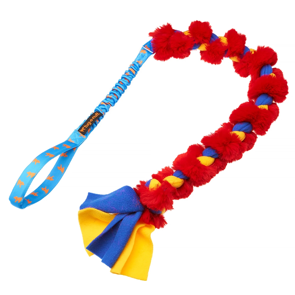 Large long dog toy with fleece braid and faux fur long elastic handle