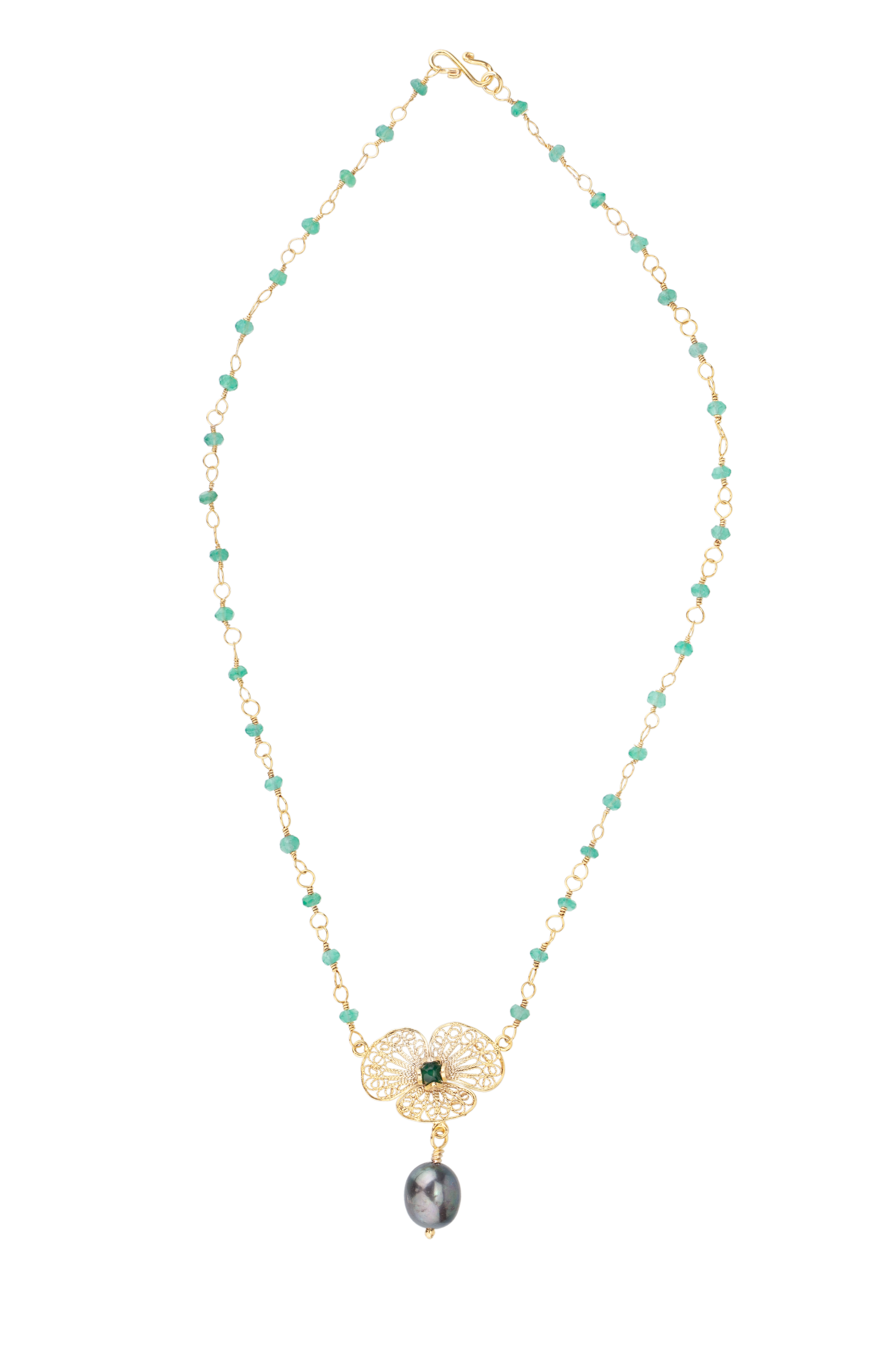 TINY TWIST NECLKLACE W. PANSY CENTER & OVAL PEARL UNDER