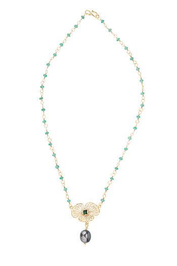 TINY TWIST NECLKLACE W. PANSY CENTER & OVAL PEARL UNDER