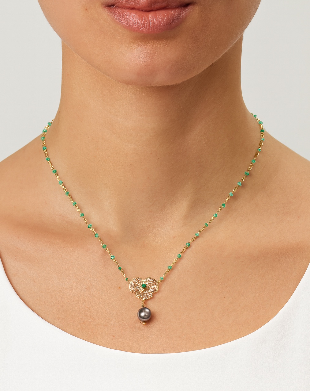 TINY TWIST NECLKLACE W. PANSY CENTER & OVAL PEARL UNDER - 2