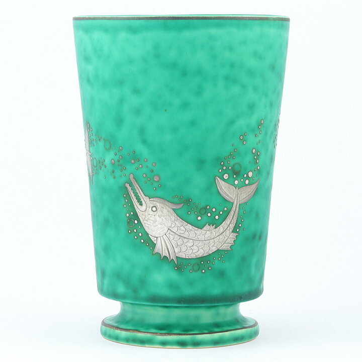 Wilhelm Kåge (Argenta 1937) Green Widening Vase with Fish Decor 16 cm