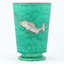 Wilhelm Kåge (Argenta 1937) Green Widening Vase with Fish Decor 16 cm