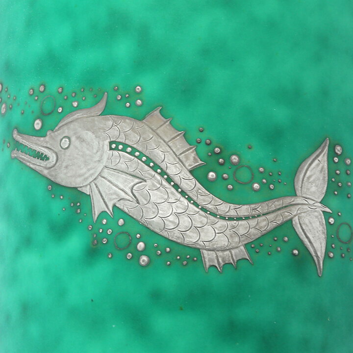 Wilhelm Kåge (Argenta 1937) Green Widening Vase with Fish Decor 16 cm