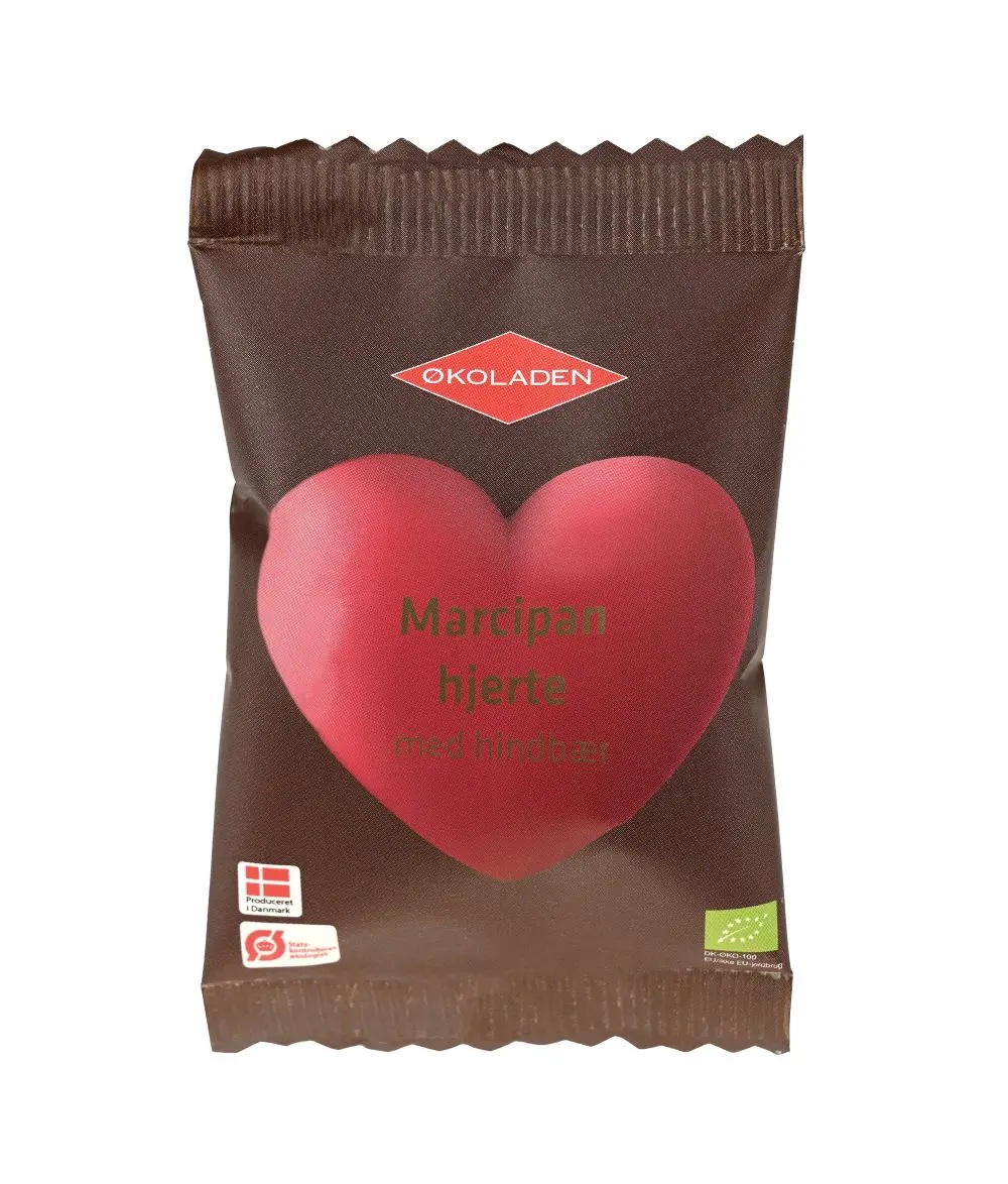 Marsipanhjärta hallonlikör &  70% mörk choklad 19g x30 EKO