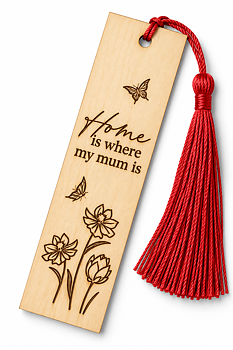 Bokmärke "Home is where my mum is" – bokmärke i trä till mamma | Valfri tofs