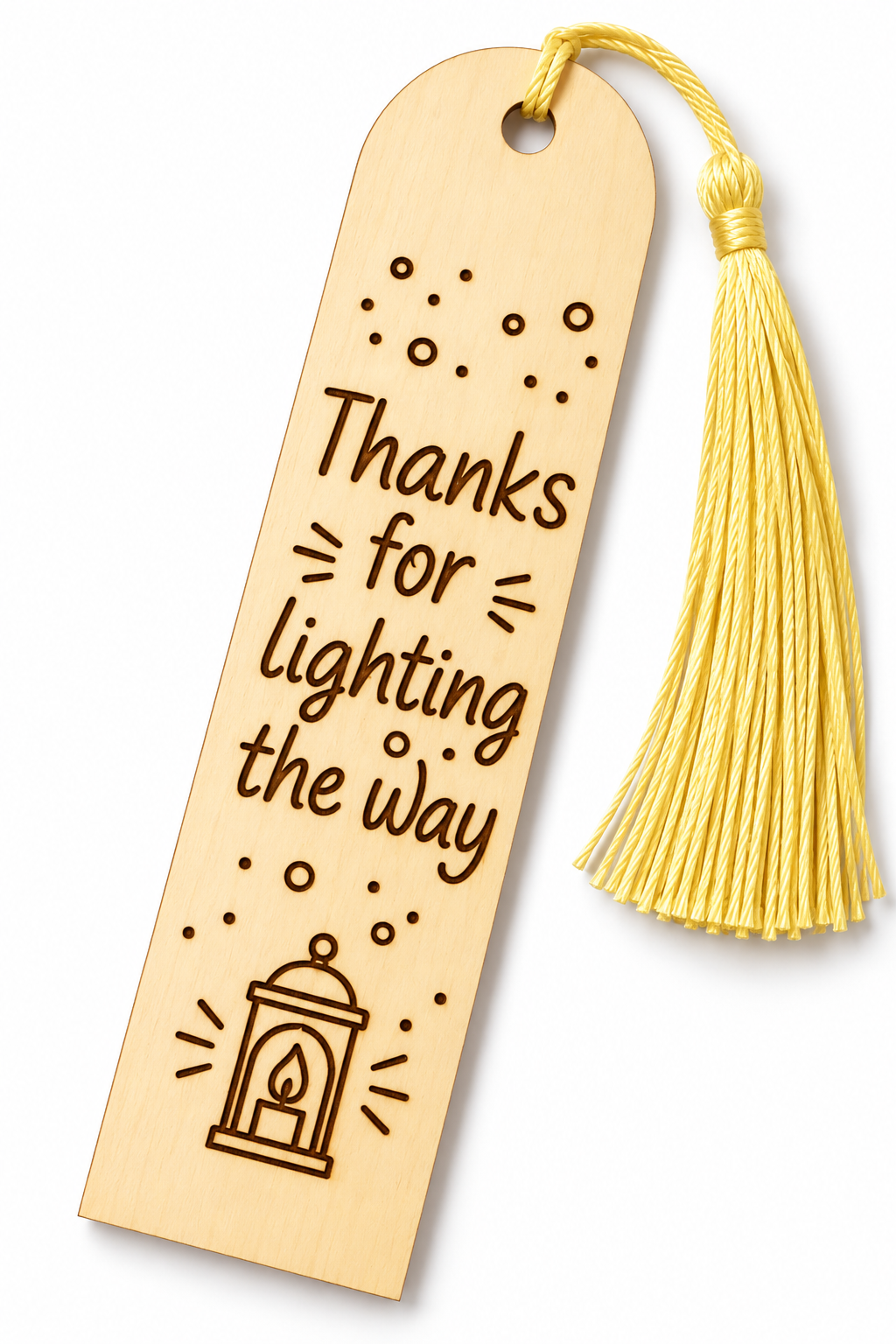 Bokmärke i trä – “Thanks for lighting the way” | valfri färg på band