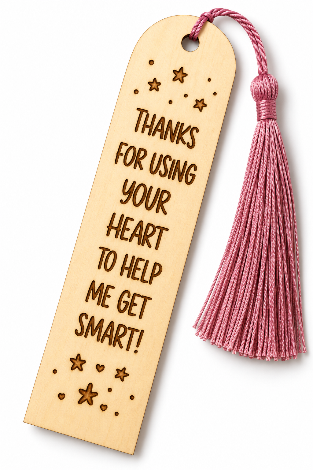 Bokmärke i trä – Thanks for using your heart | Tackpresent till lärare