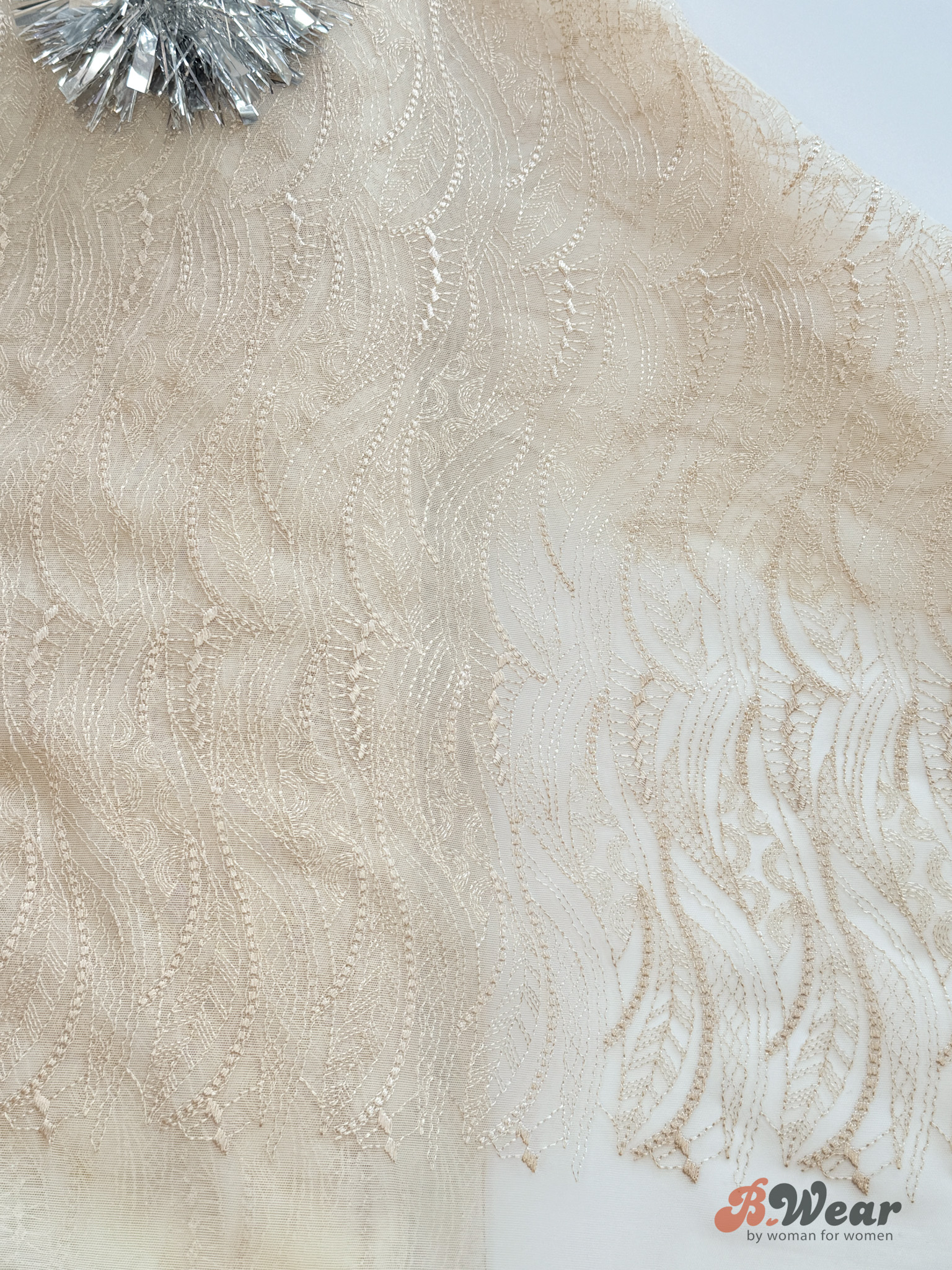 Beige mesh tulle with embroidered pattern