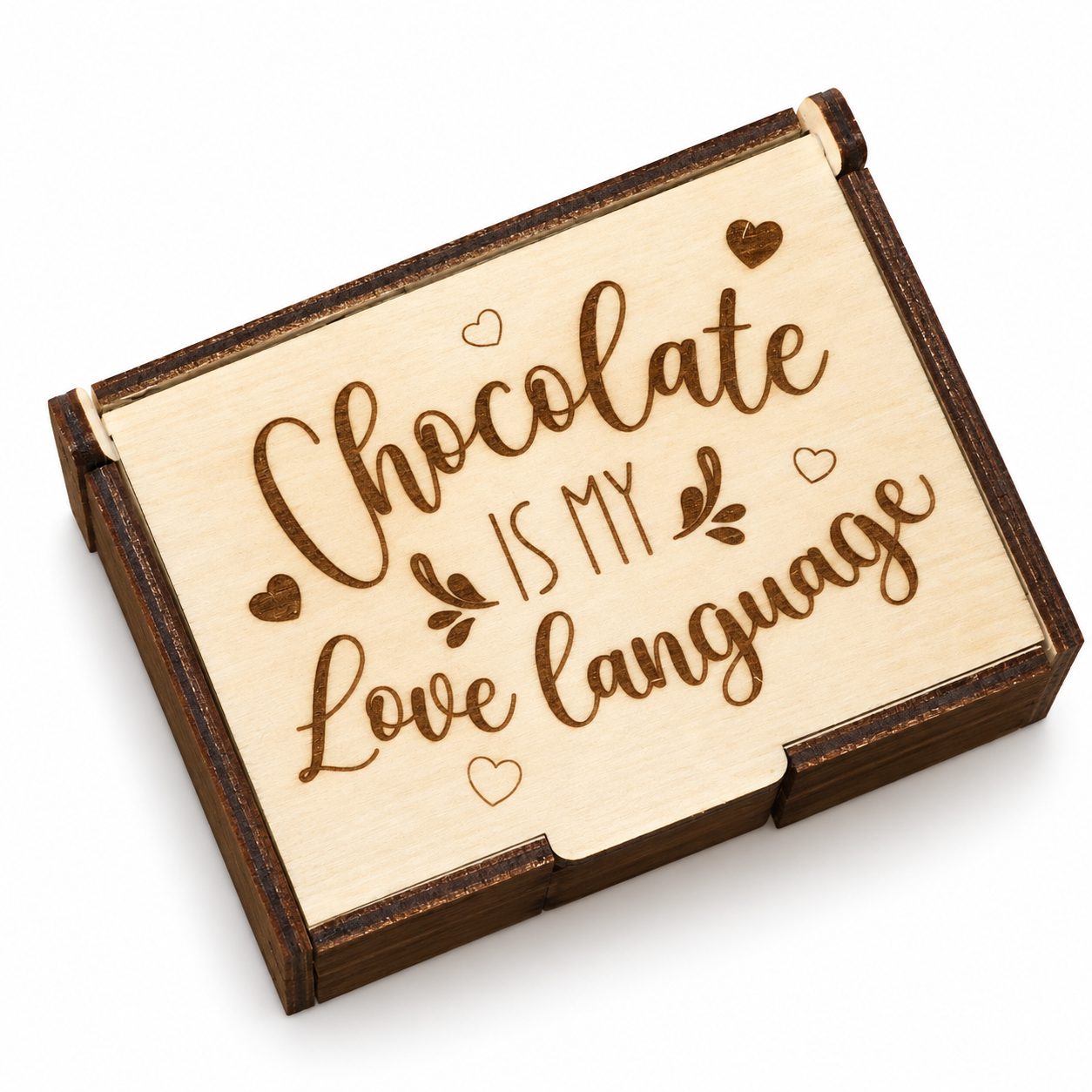 Chokladask i trä ”Chocolate is my love language” | liten presentask