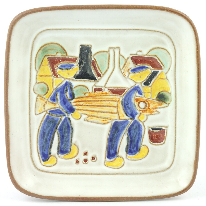 Marianne Starck (1960s) Quadratic Wall Plaque with Fishermen 13 cm