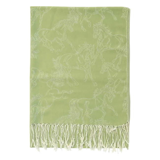 Shawl AWST Intl Horse Motif Linear Horses Olive