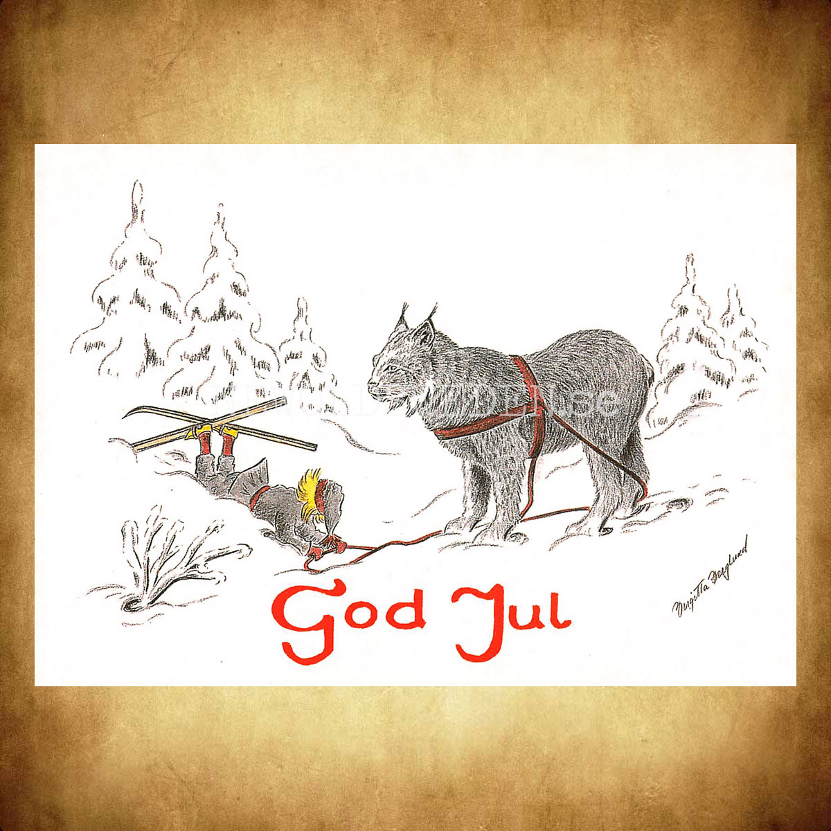 Julkort Nisse och Lodjuret God Jul - Birgitta Berglund Nr: 16 - Vykort A5 - 2
