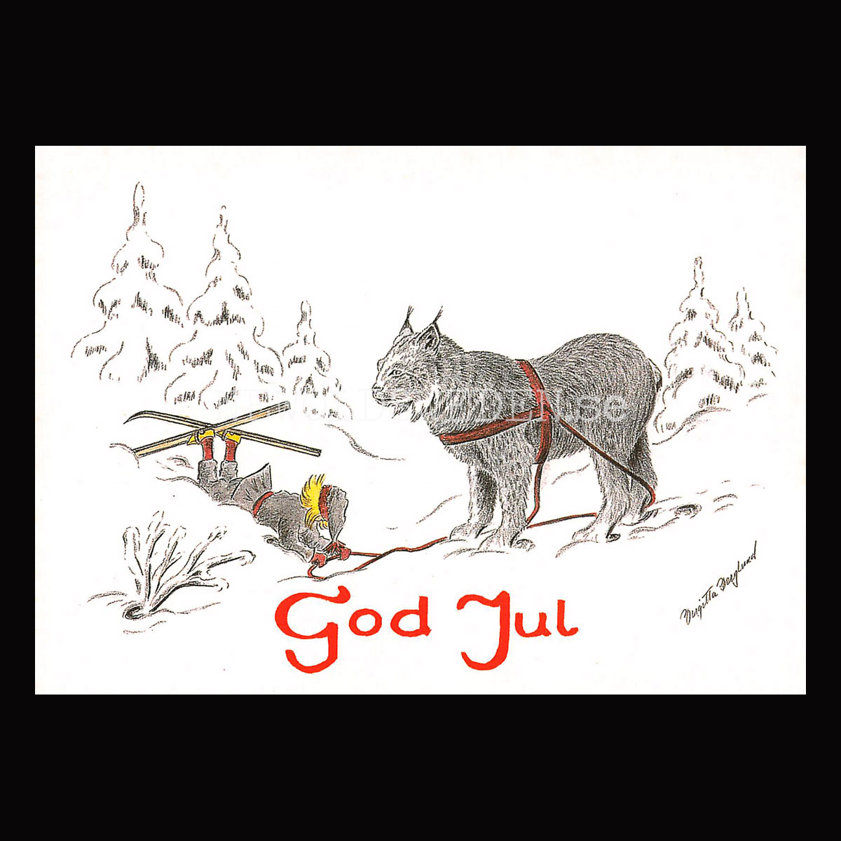 Julkort Nisse och Lodjuret God Jul - Birgitta Berglund Nr: 16 - Vykort A5