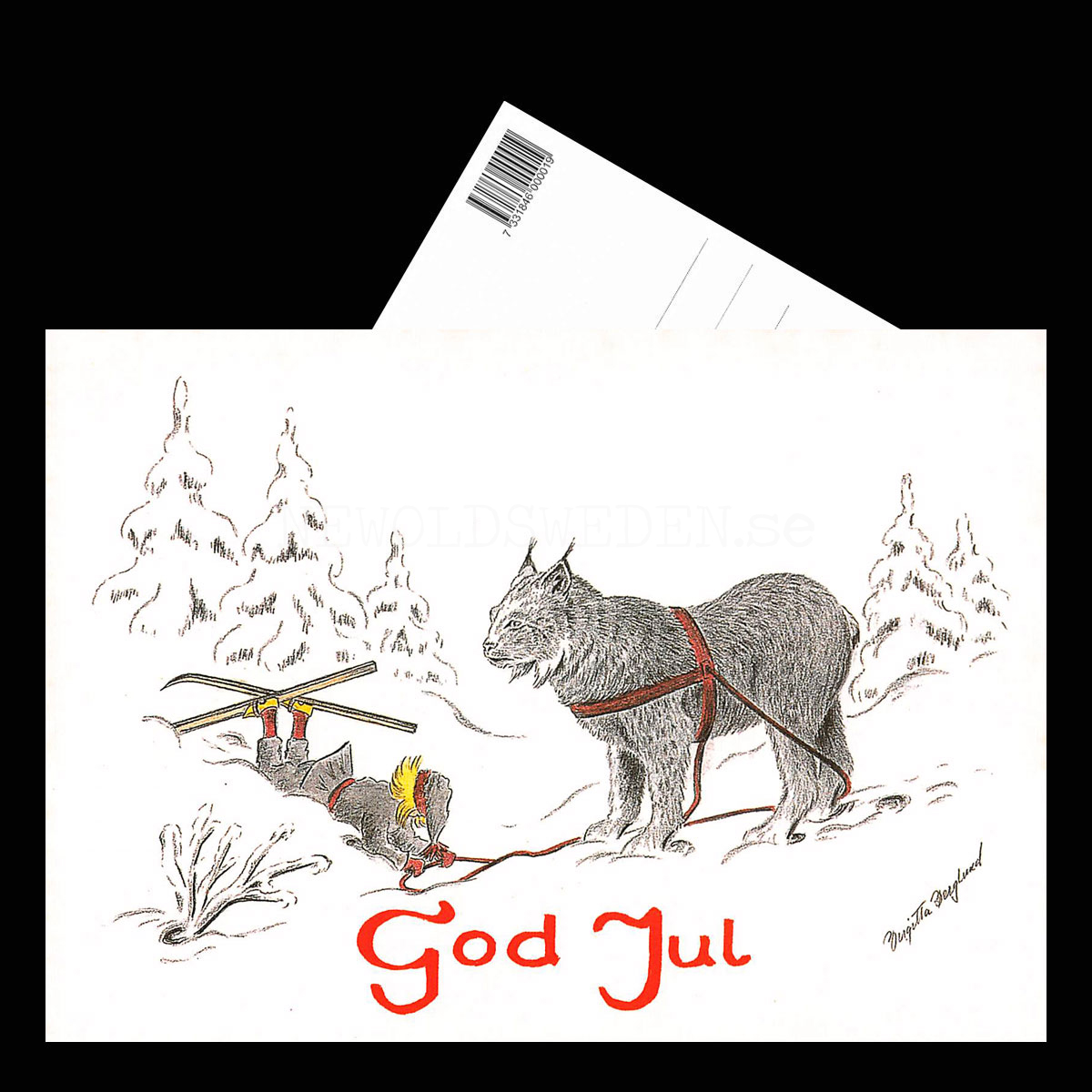 Julkort Nisse och Lodjuret God Jul - Birgitta Berglund Nr: 16 - Vykort A5 - 3