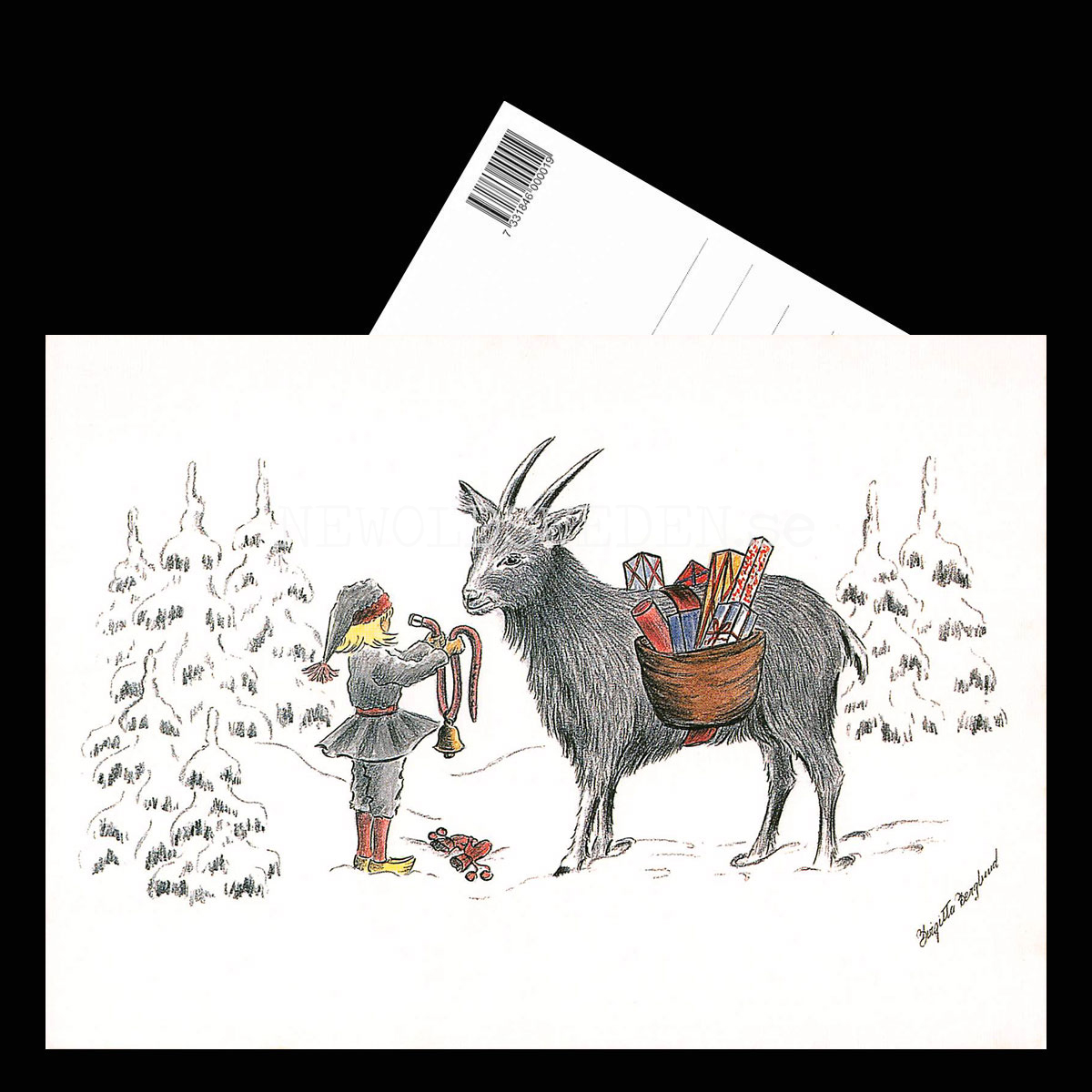 Julkort Nisse och Julbocken - Birgitta Berglund Nr: 19 - Vykort A5 - 3