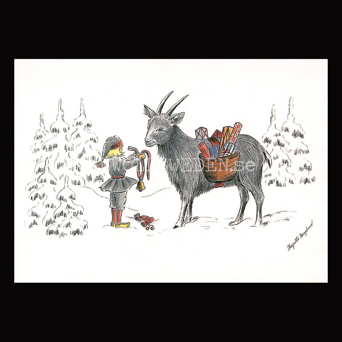 Julkort Nisse och Julbocken - Birgitta Berglund Nr: 19 - Vykort A5