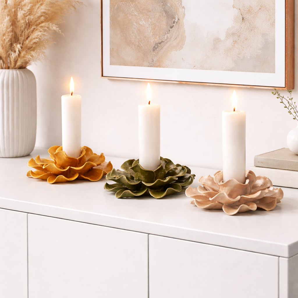 Ljuslykta blomma i keramik beige 11,5 cm