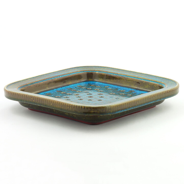 Wilhelm Kåge (Farsta 1960) Quadratic Bowl with Green/Turquoise Glaze 26 cm