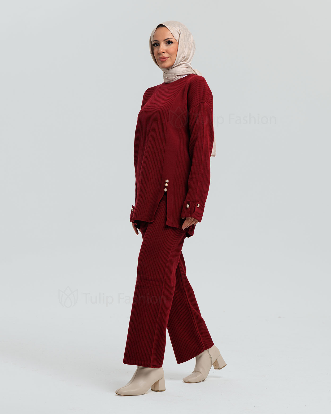 Tunic set with pants - Maroon - 3