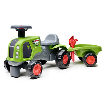 FALK Traktor CLAAS ride-on med vagn, kratta, spade & ratt med tuta 1-3år