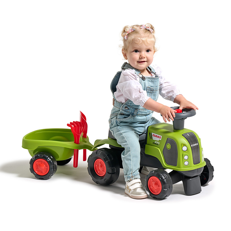 FALK Traktor CLAAS ride-on med vagn, kratta, spade & ratt med tuta 1-3år - 3