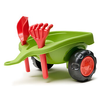 FALK Traktor CLAAS ride-on med vagn, kratta, spade & ratt med tuta 1-3år
