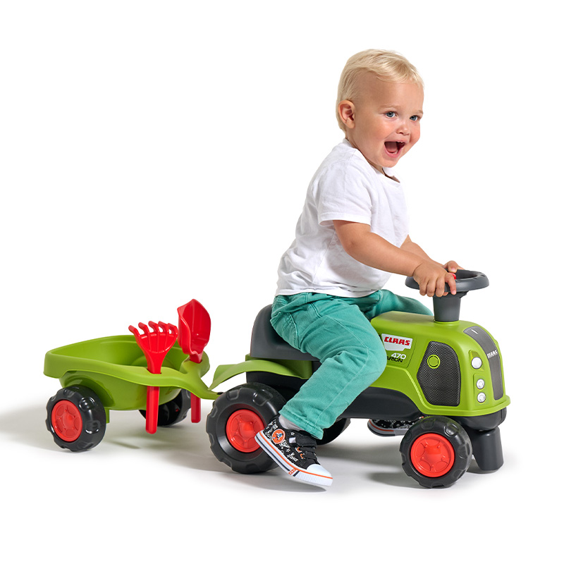 FALK Traktor CLAAS ride-on med vagn, kratta, spade & ratt med tuta 1-3år - 4
