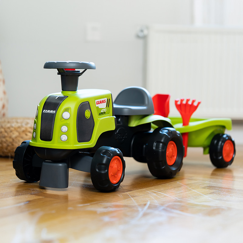 FALK Traktor CLAAS ride-on med vagn, kratta, spade & ratt med tuta 1-3år - 8