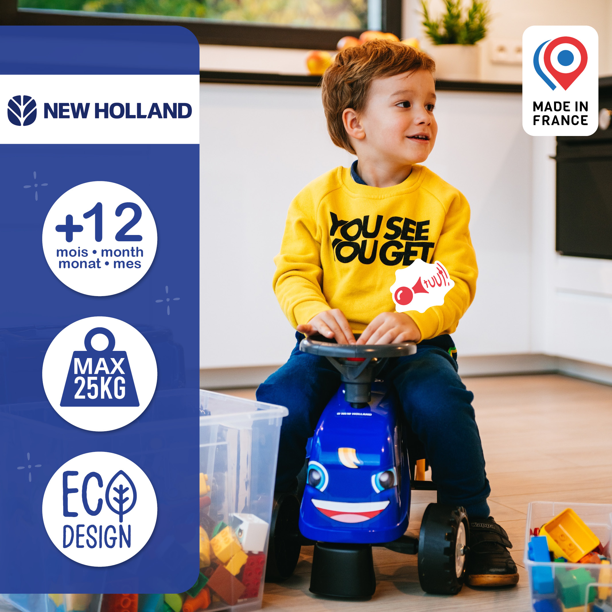 FALK Traktor New Holland ride-on med vagn, kratta, spade & ratt med tuta 1-3år - 4