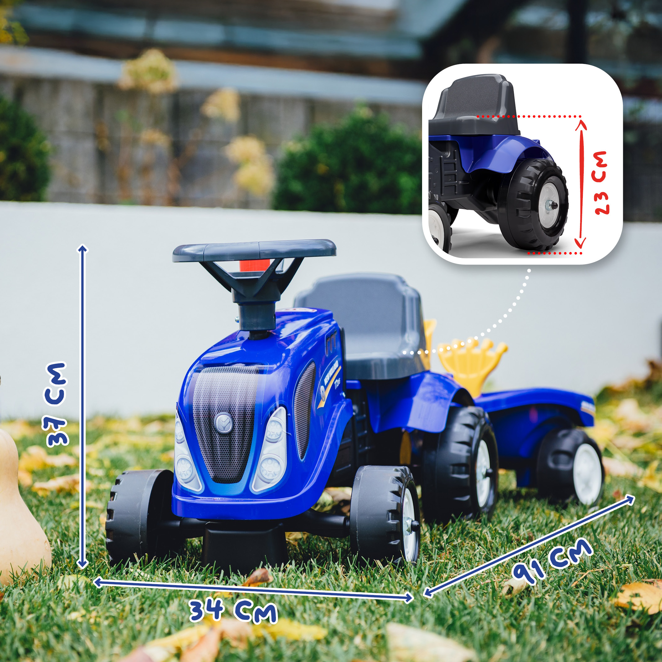 FALK Traktor New Holland ride-on med vagn, kratta, spade & ratt med tuta 1-3år - 5