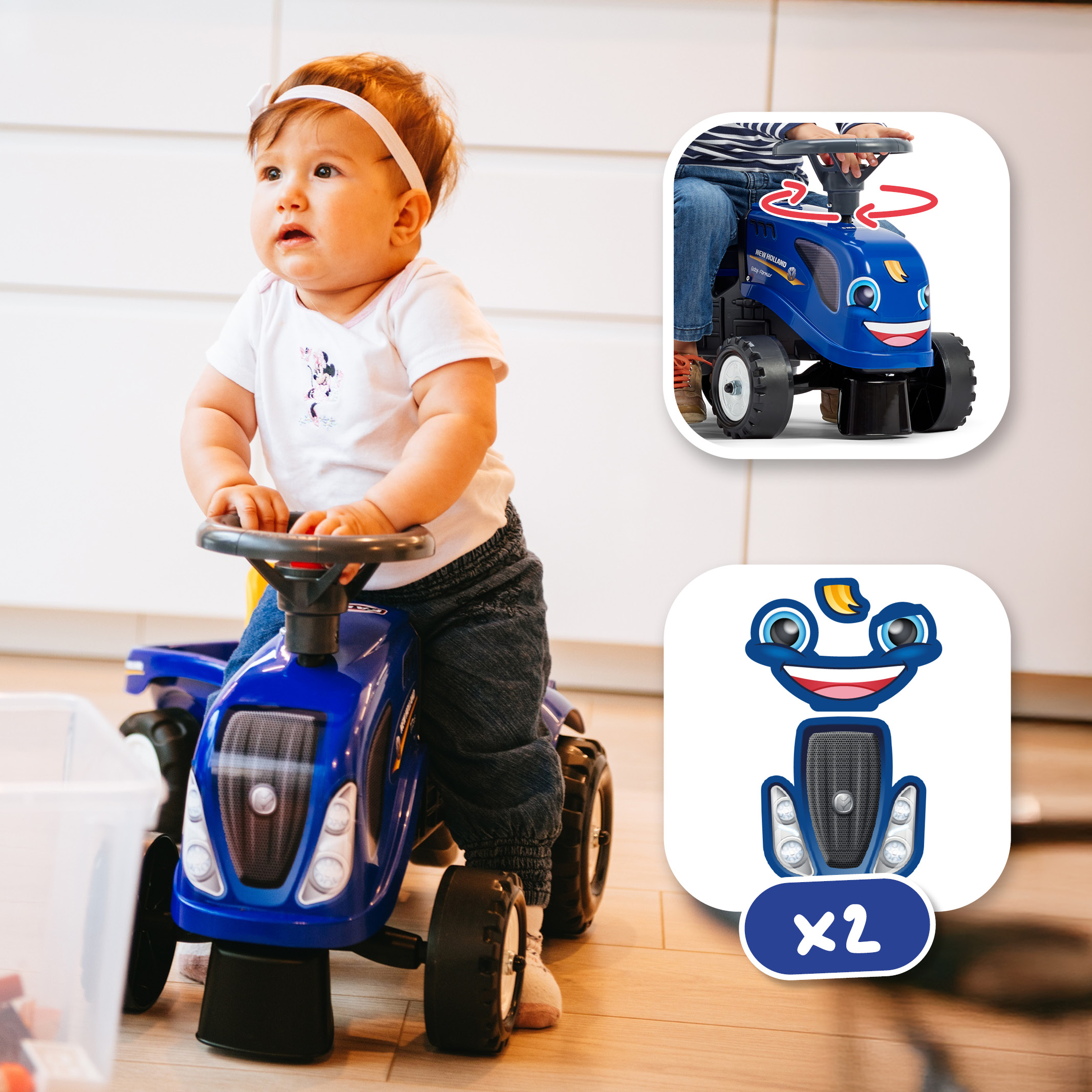 FALK Traktor New Holland ride-on med vagn, kratta, spade & ratt med tuta 1-3år - 3