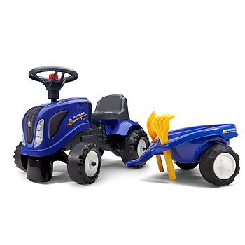 FALK Traktor New Holland ride-on med vagn, kratta, spade & ratt med tuta 1-3år