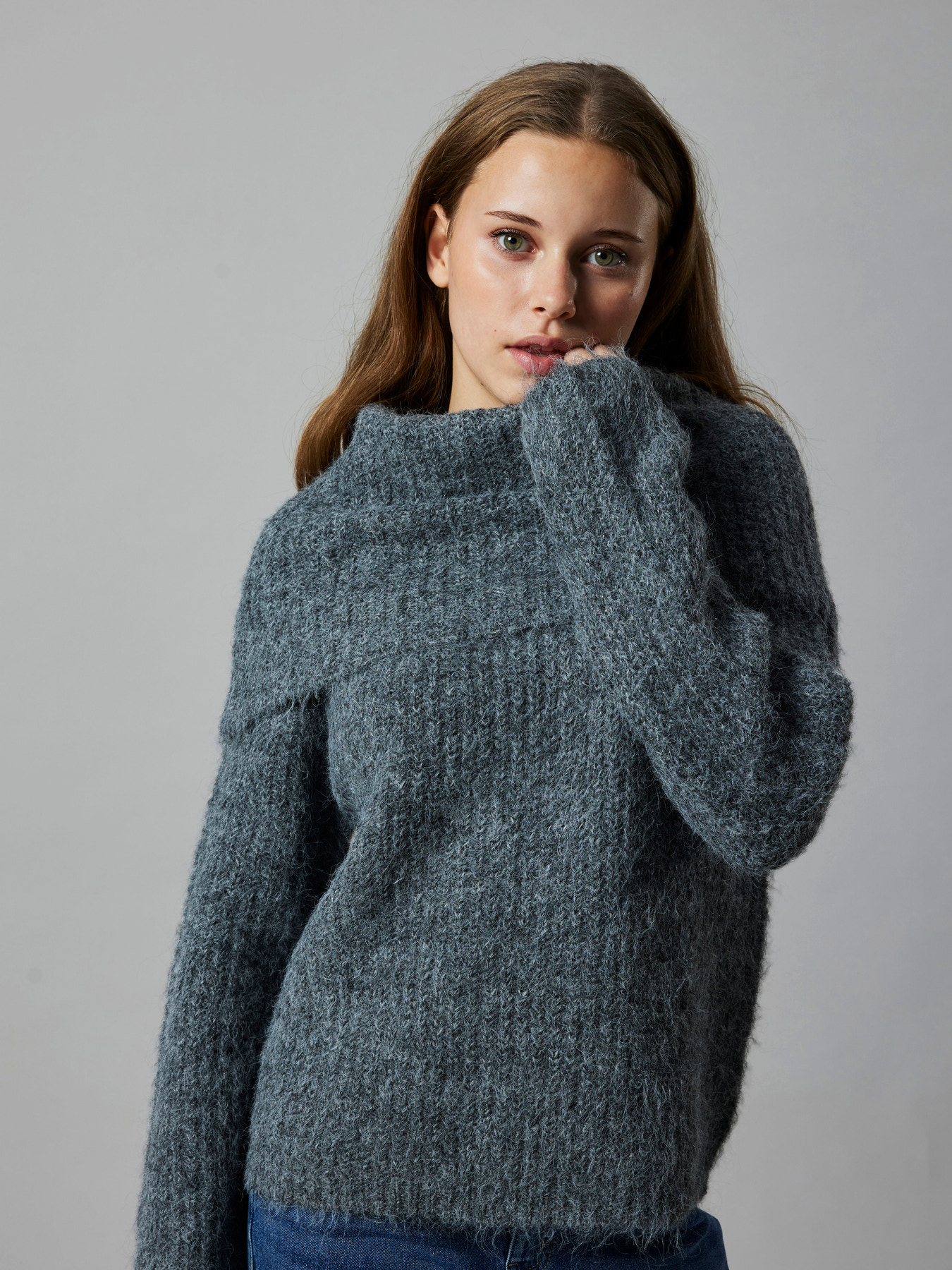 NLFNULO LS SHORT FOLD DOWN KNIT Dark Grey Melange - 4