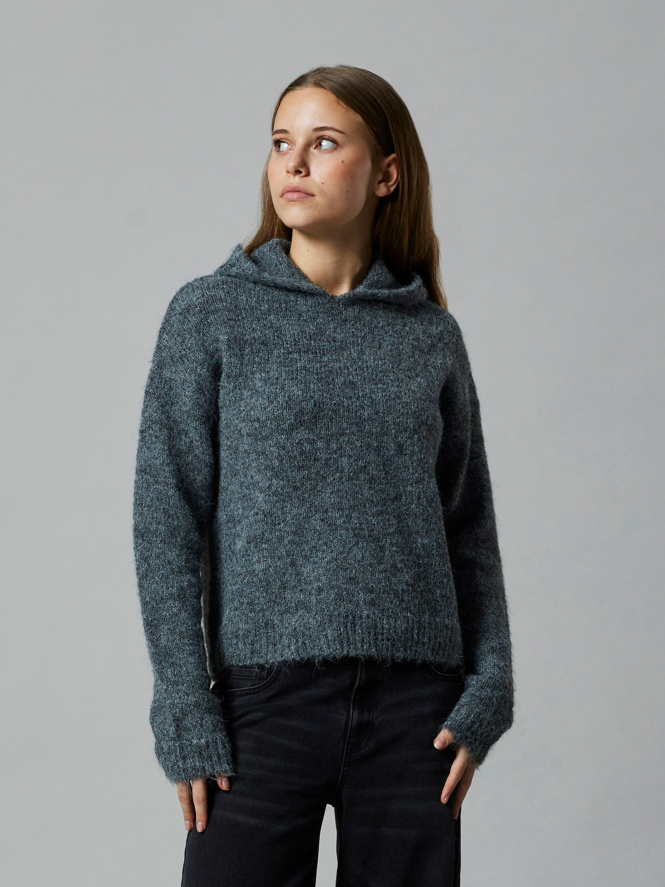 NLFNULO LS SHORT KNIT W. HOOD Dark Grey Melange - 5