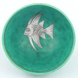 Wilhelm Kåge (Argenta 1959) Green Bowl with Silver Fish Decor 5 cm