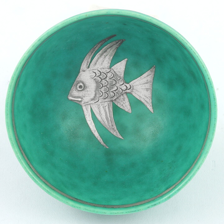 Wilhelm Kåge (Argenta 1959) Green Bowl with Silver Fish Decor 5 cm