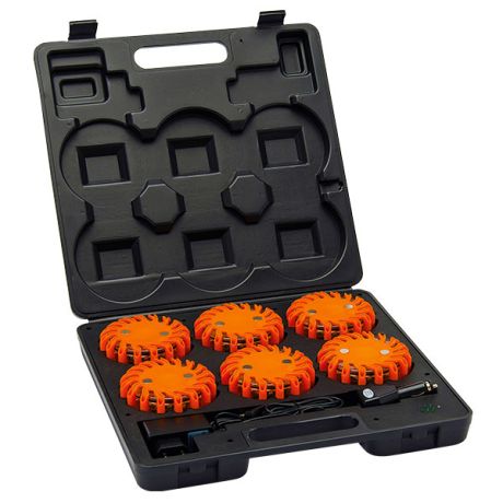 Koffert med 6 oppladbare blinklykter, orange.