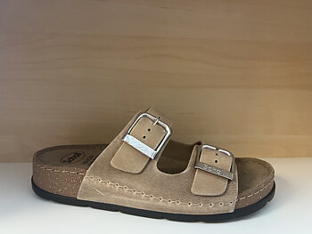 Biosandal Scholls i beige skinn. 