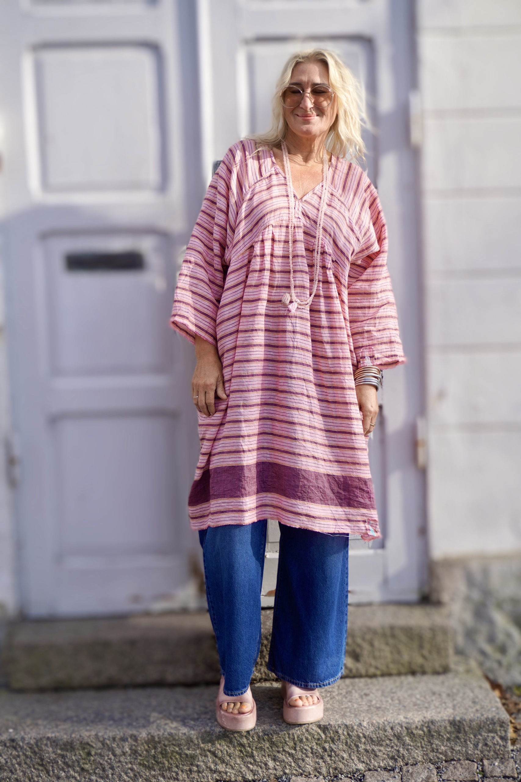 LISSA LINEN PLUM STRIPE DRESS  - 10