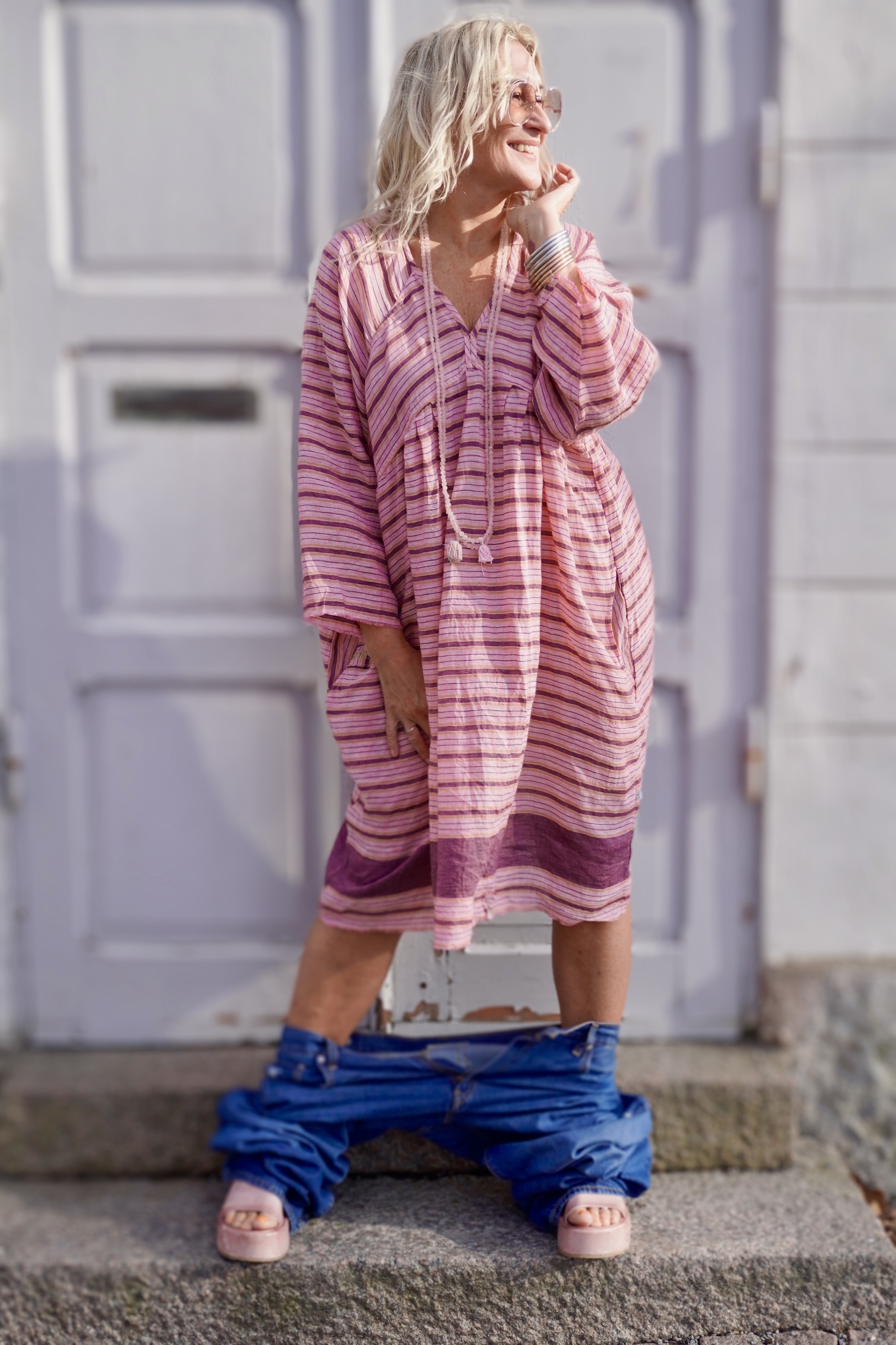 LISSA LINEN PLUM STRIPE DRESS  - 14