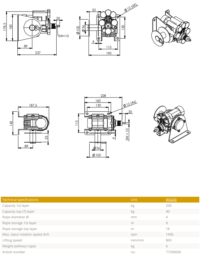 Borrmaskinsdriven vinsch Gebuwin WA200  / Maxlast: 200 kg - 3