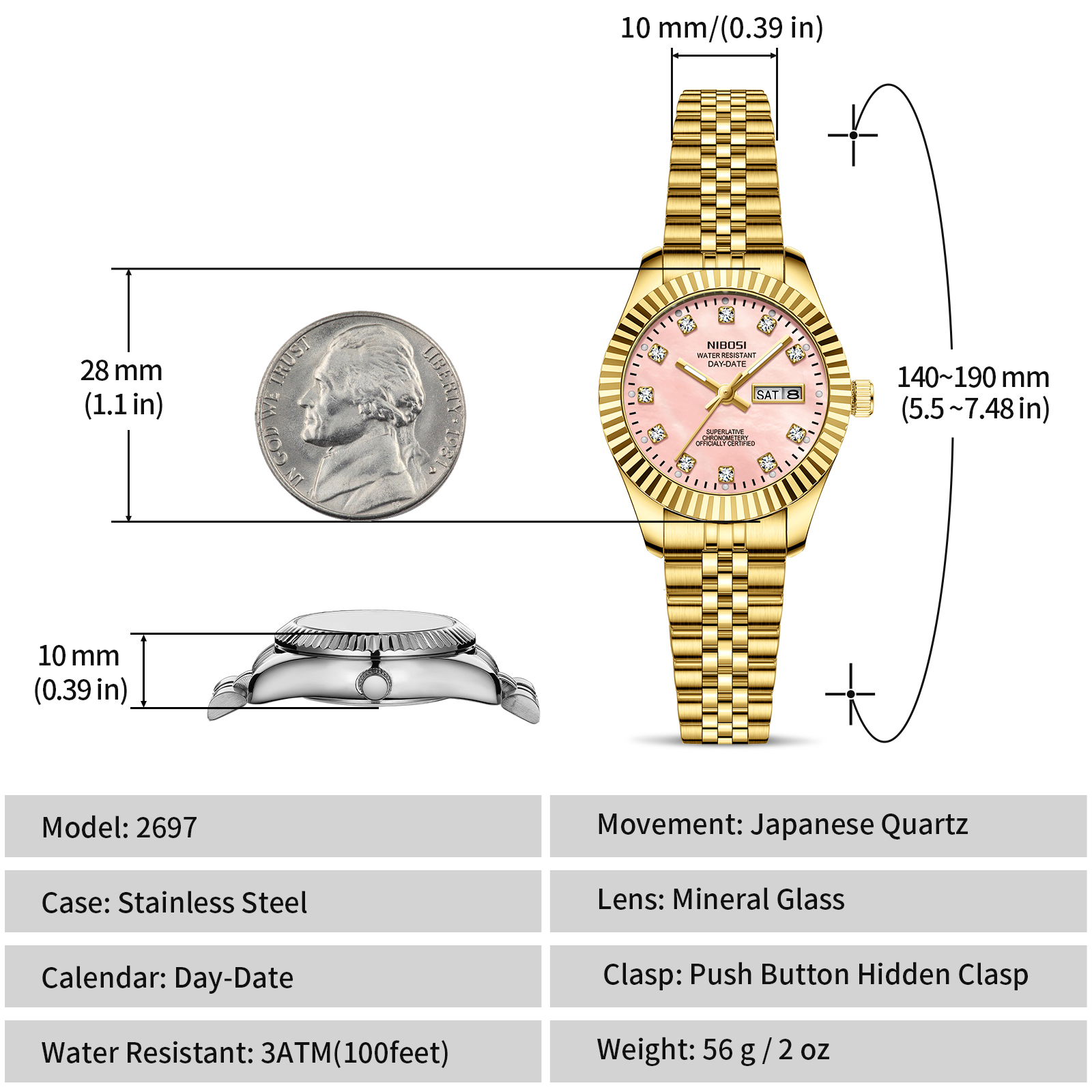 Nibosi Millbury Day-Date Gold Pink - 13